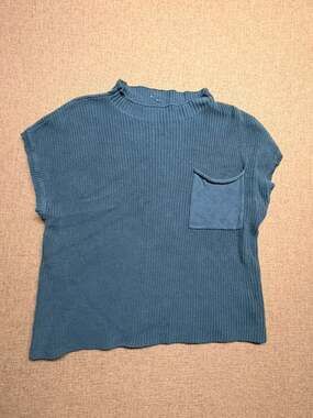 Dusty Blue Ribbed Knit Mock Neck Cap Sleeve Sweater Top Chest Pocket
